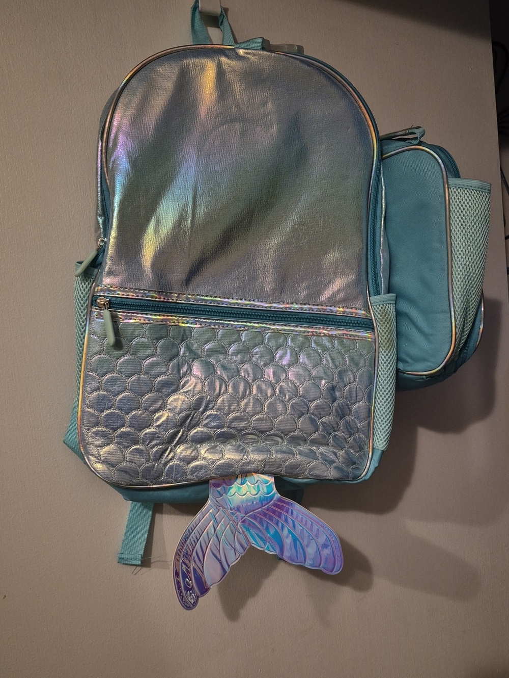 the "Love at First Sight" Iridescent Metallic Mermaid Tail Backpack and Lunch Bo